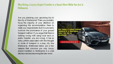 Why Hiring a Luxury Airport Transfer is a Smart Move While You Are in Melbourne