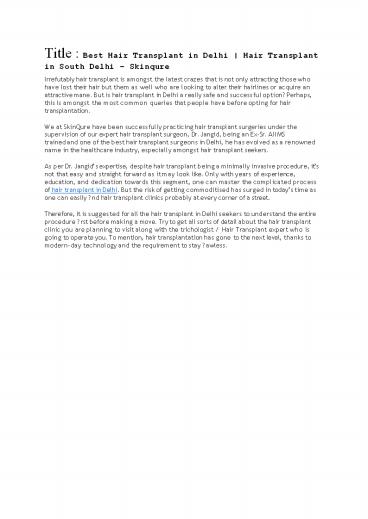 Best Hair Transplant in Delhi | Hair Transplant in South Delhi – Skinqure