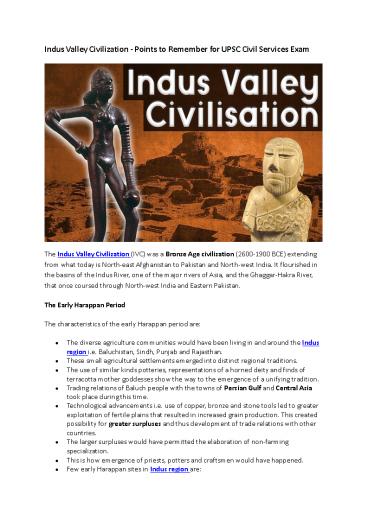 Indus Valley Civilization - Points to Remember for UPSC Civil Services Exam