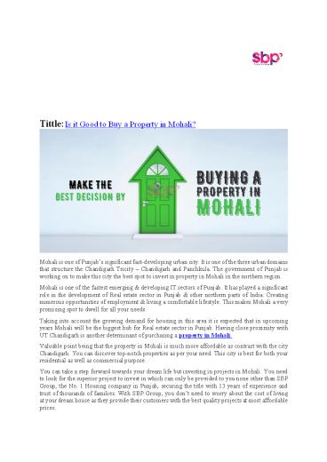 Is It Good to Buy a Property in Mohali?