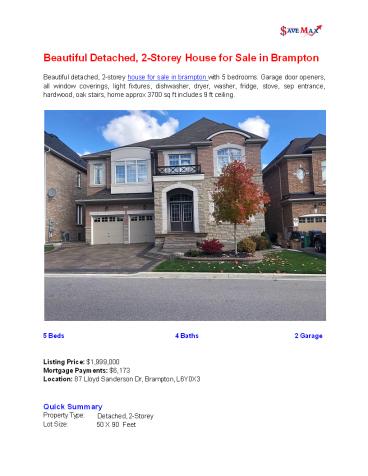 Beautiful Detached, 2-Storey House for Sale in Brampton