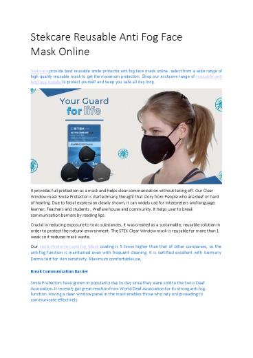 Stekcare Smile Protector Reusable Anti Fog Mask