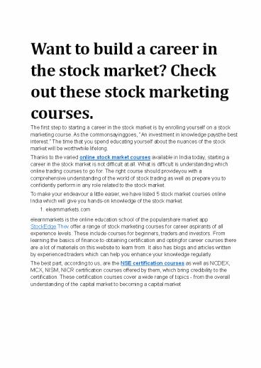 Want to build career in Stock Market?