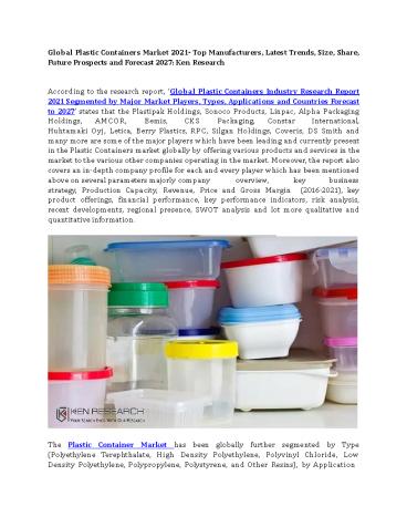 Global Plastic Containers Market 2021– Top Manufacturers, Latest Trends, Size, Share, Future Prospects and Forecast 2027: Ken Research