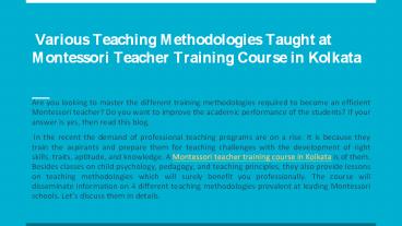 Various Teaching Methodologies Taught at Montessori Teacher Training Course in Kolkata