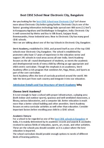 Best CBSE School Near Electronic City, Bangalore  Smrti Academy