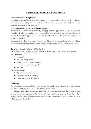 Wintegrity Recruitment and Staffing Services