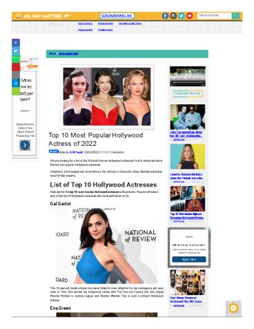 Top 10 Most Popular Hollywood Actress of 2022