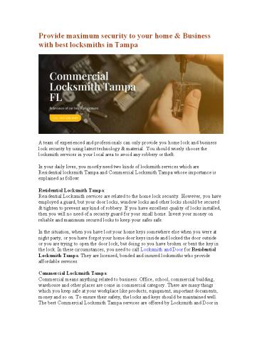 Provide maximum security to your home & Business with best locksmiths in Tampa