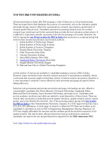 TOP TEN PhD UNIVERSITIES IN INDIA