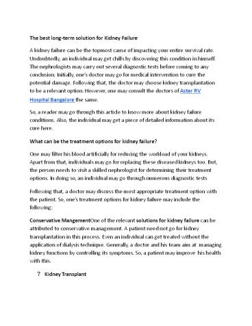 Aster RV Hospital - Solution for Kidney Failure