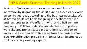 PHP 6 Weeks Summer Training In Noida