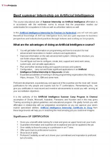 Best summer Internship on Artificial Intelligence