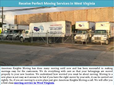 Receive Perfect Moving Services In West Virginia From American Knights Moving