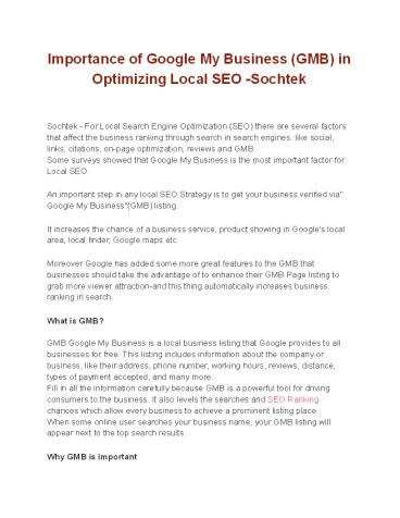 Importance of Google My Business (GMB) in Optimizing Local SEO -Sochtek
