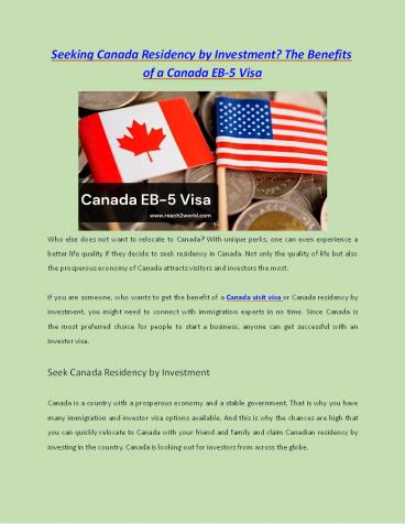 Seeking Canada residency by investment? The Benefits of a Canada EB-5 visa
