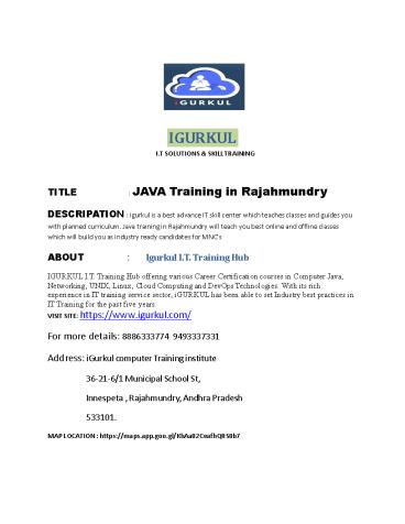 JAVA Training in Rajahmundry