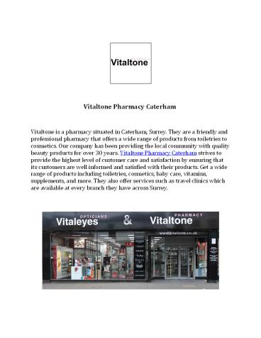 Vitaltone Pharmacy with Travel Clinic in Caterham