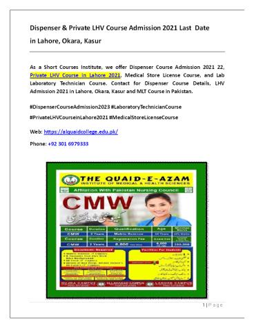 Dispenser & Private LHV Course Admission 2021 Last Date in Lahore, Okara, Kasur