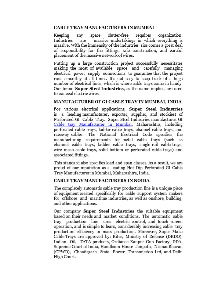 Cable Tray Manufacturer In Mumbai | Super Steel Industries