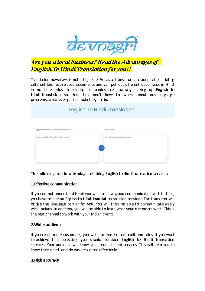 Are you a local business? Read the Advantages of English To Hindi Translation for you!!