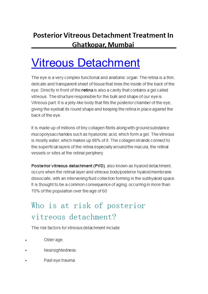 Posterior Vitreous Detachment Treatment In Ghatkopar, Mumbai