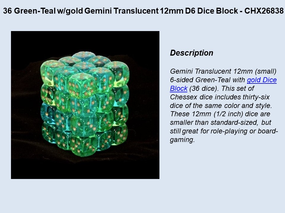36 Green-Teal w/gold Gemini Translucent 12mm D6 Dice Block - CHX26838