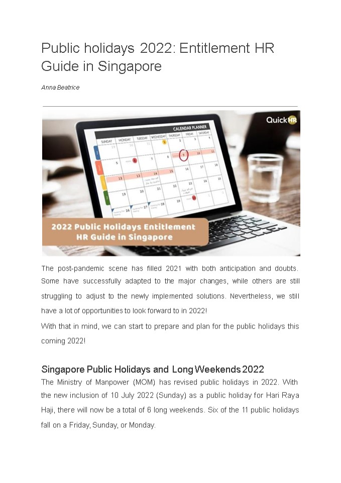 PPT Singapore Public holidays 2022 Entitlement HR Guide PowerPoint