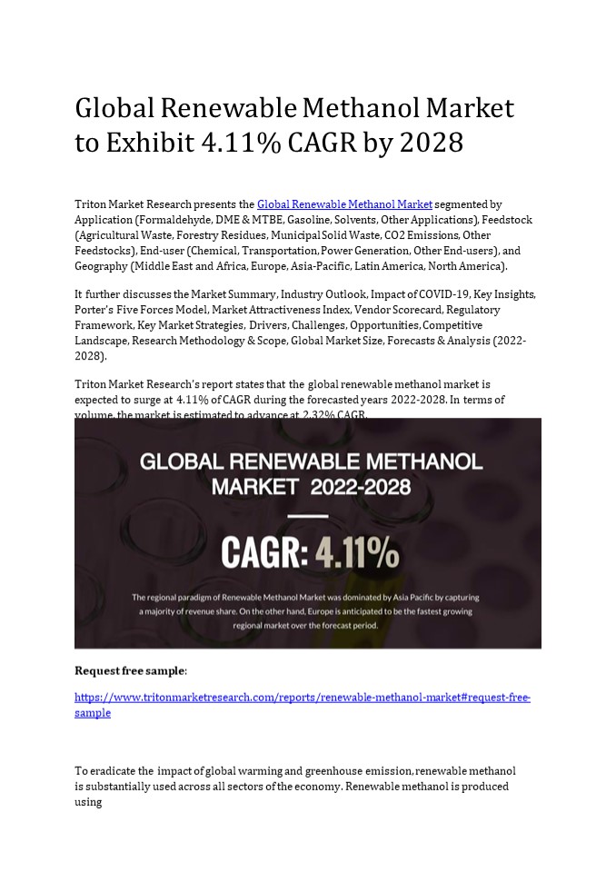 Global Renewable Methanol Market to Exhibit 4.11% CAGR by 2028