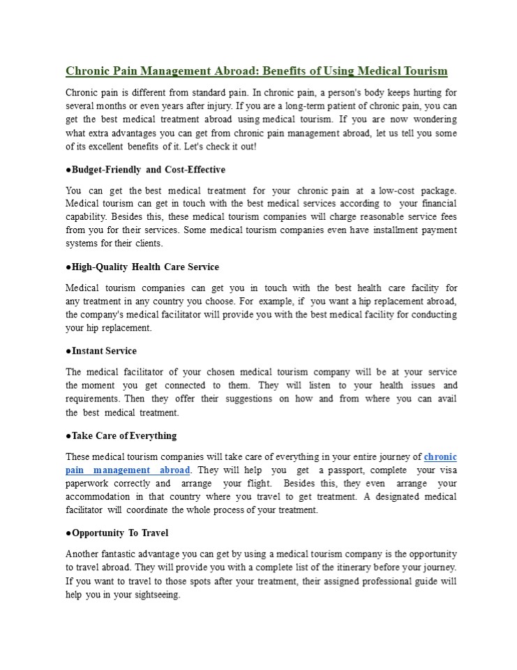 Chronic Pain Management Abroad: Benefits of Using Medical Tourism