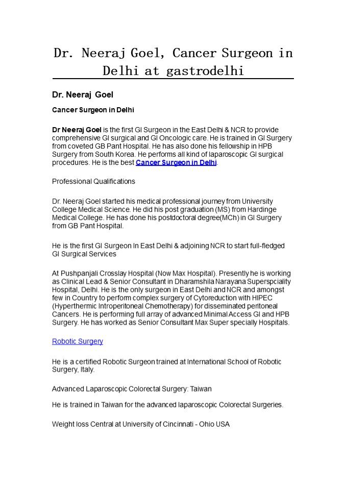 Dr. Neeraj Goel, Cancer Surgeon in Delhi at gastrodelhi