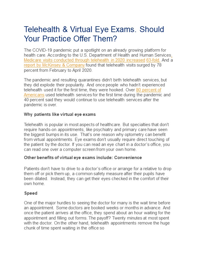 Telehealth & Virtual Eye Exams. Should your practice offer them?