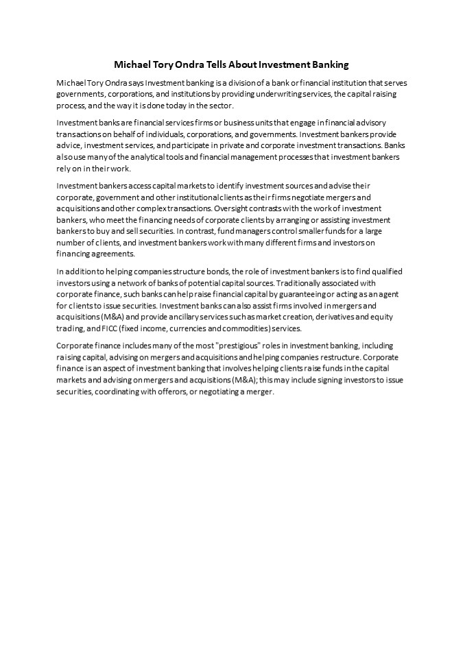 Michael Tory Ondra Tells About Investment Banking