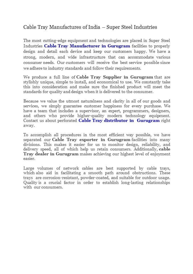 Cable Tray Manufactures of India | Super Steel Industries