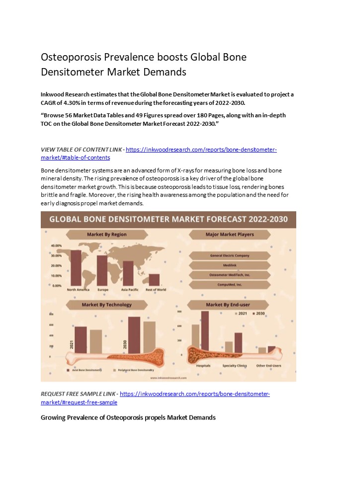 Osteoporosis Prevalence boosts Global Bone Densitometer Market Demands