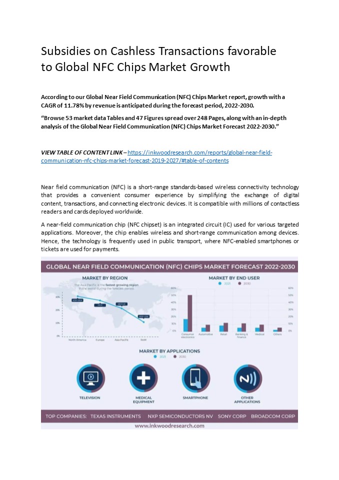 Subsidies on Cashless Transactions favorable to Global NFC Chips Market Growth