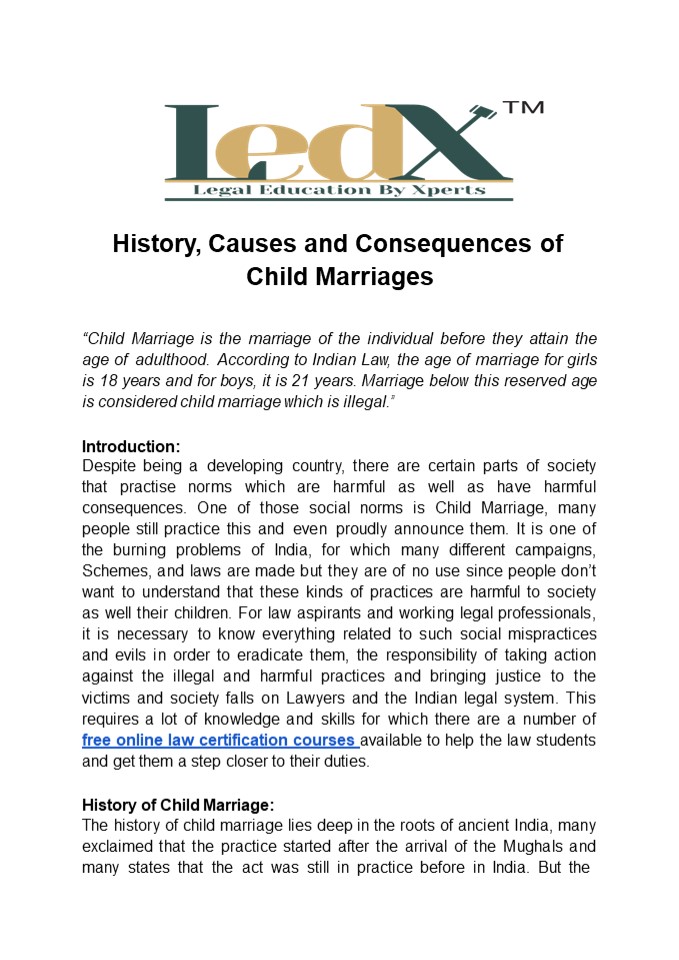 History, Causes and Consequences of Child Marriages