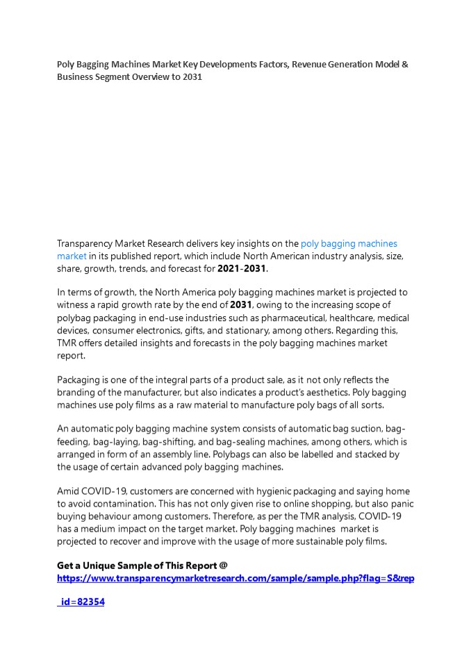 Poly Bagging Machines Market Key Developments Factors, Revenue Generation Model & Business Segment Overview to 2031