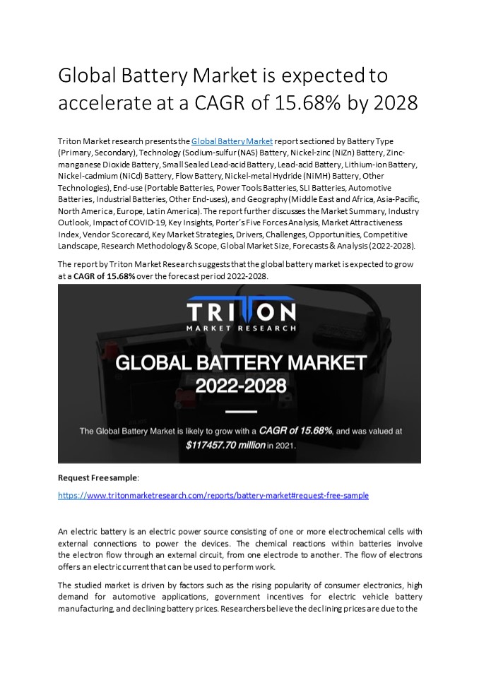 Global Battery Market is expected to accelerate at a CAGR of 15.68% by 2028
