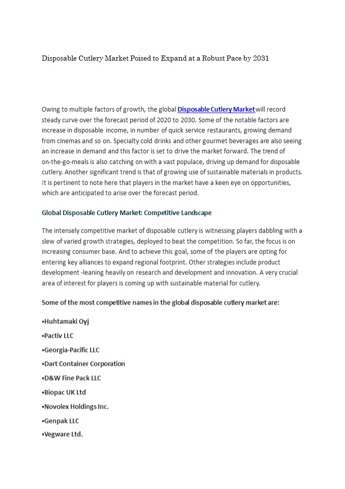 PPT Disposable Cutlery Market Poised to Expand at a Robust Pace by