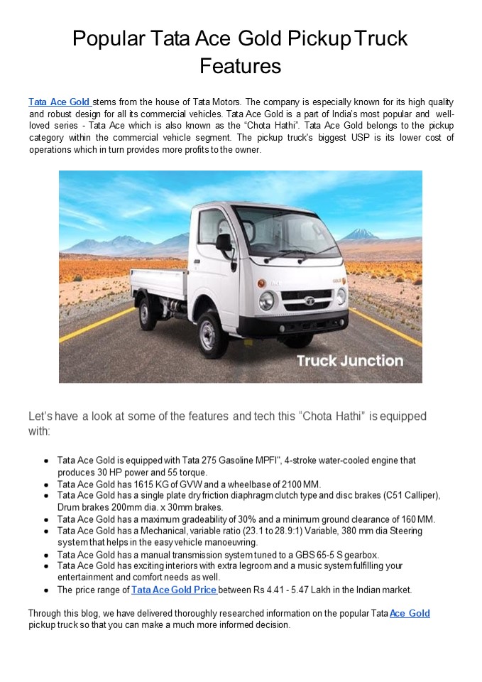 Popular Tata Ace Gold Pickup Truck Features