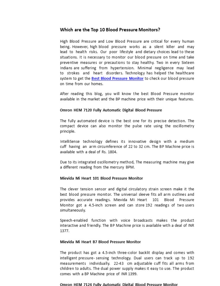 Which are the Top 10 Blood Pressure Monitors?