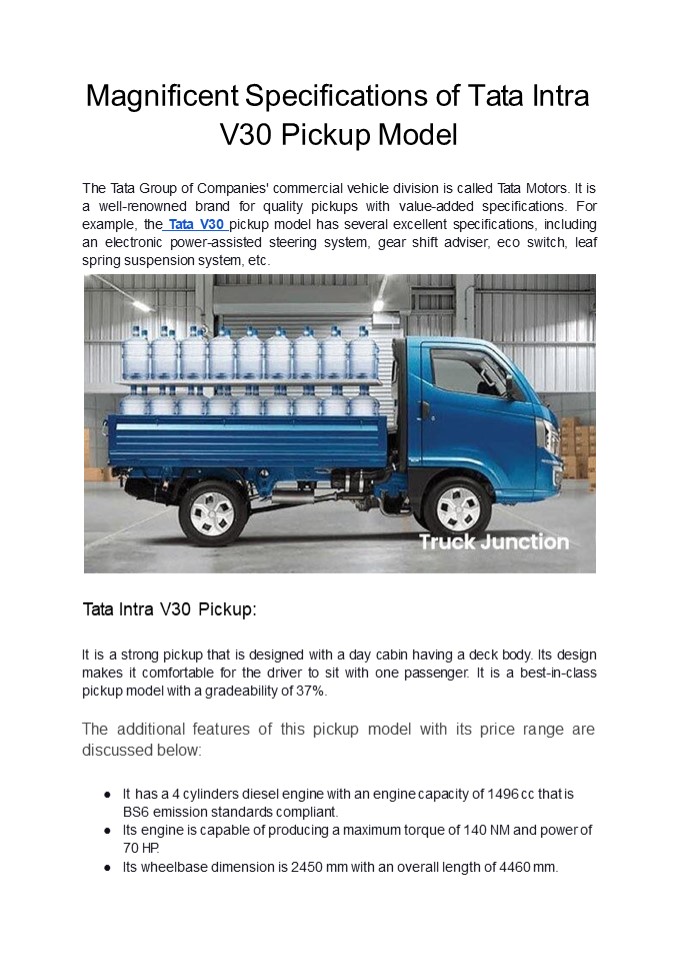 Magnificent Specifications of Tata Intra V30 Pickup Model