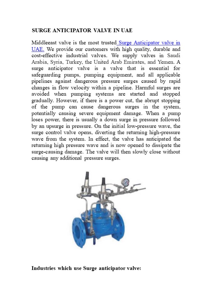 SURGE ANTICIPATOR VALVE IN UAE