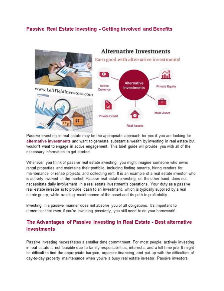 Passive Real Estate Investing - Getting involved and Benefits