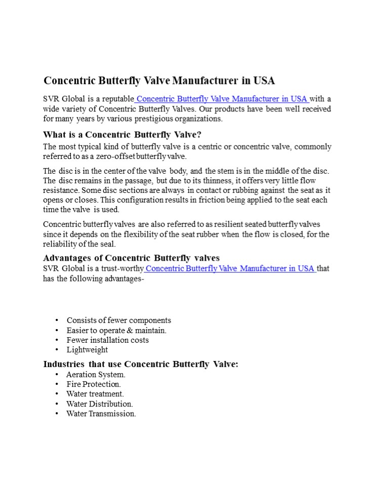 Concentric Butterfly Valve Manufacturer in USA