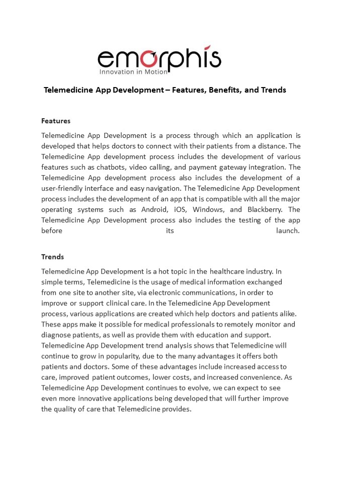 Telemedicine App Development – Features, Benefits, and Trends