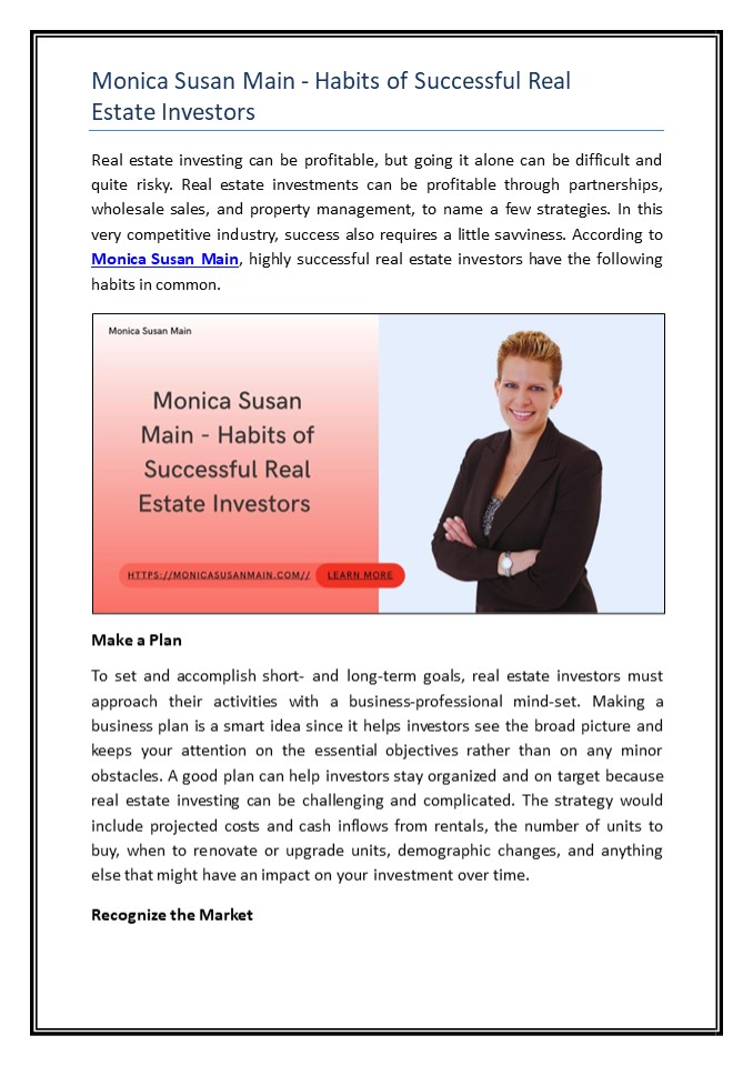 Monica Susan Main - Habits of Successful Real Estate Investor