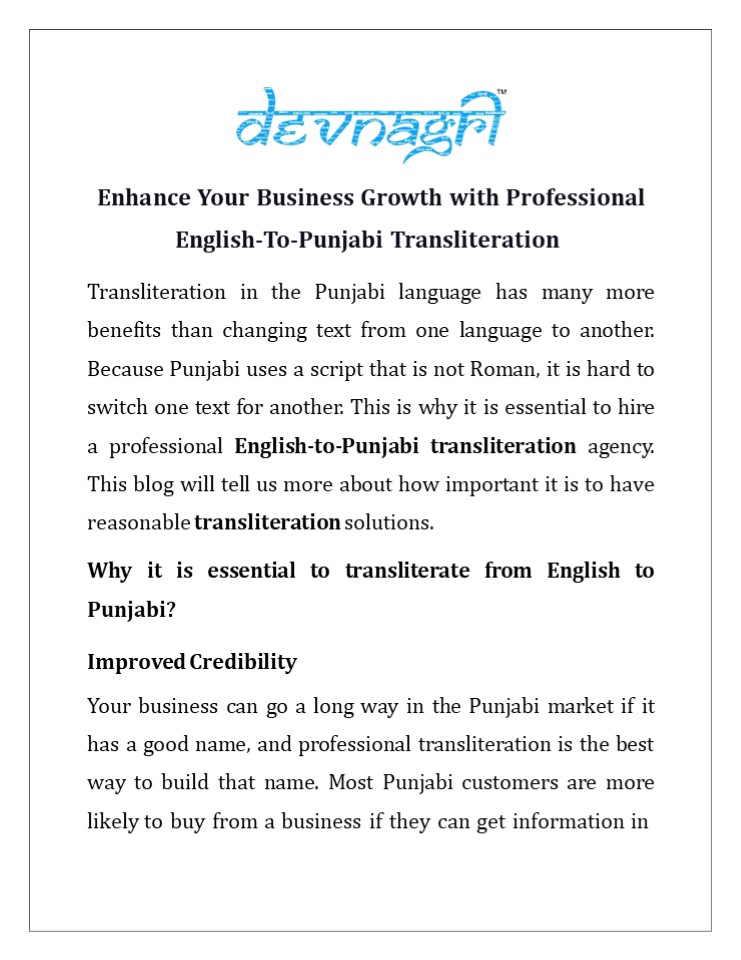 Enhance Your Business Growth with Professional English-To-Punjabi Transliteration