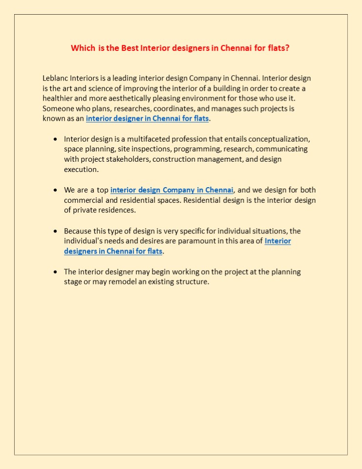 Which is the Best Interior designers in Chennai for flats